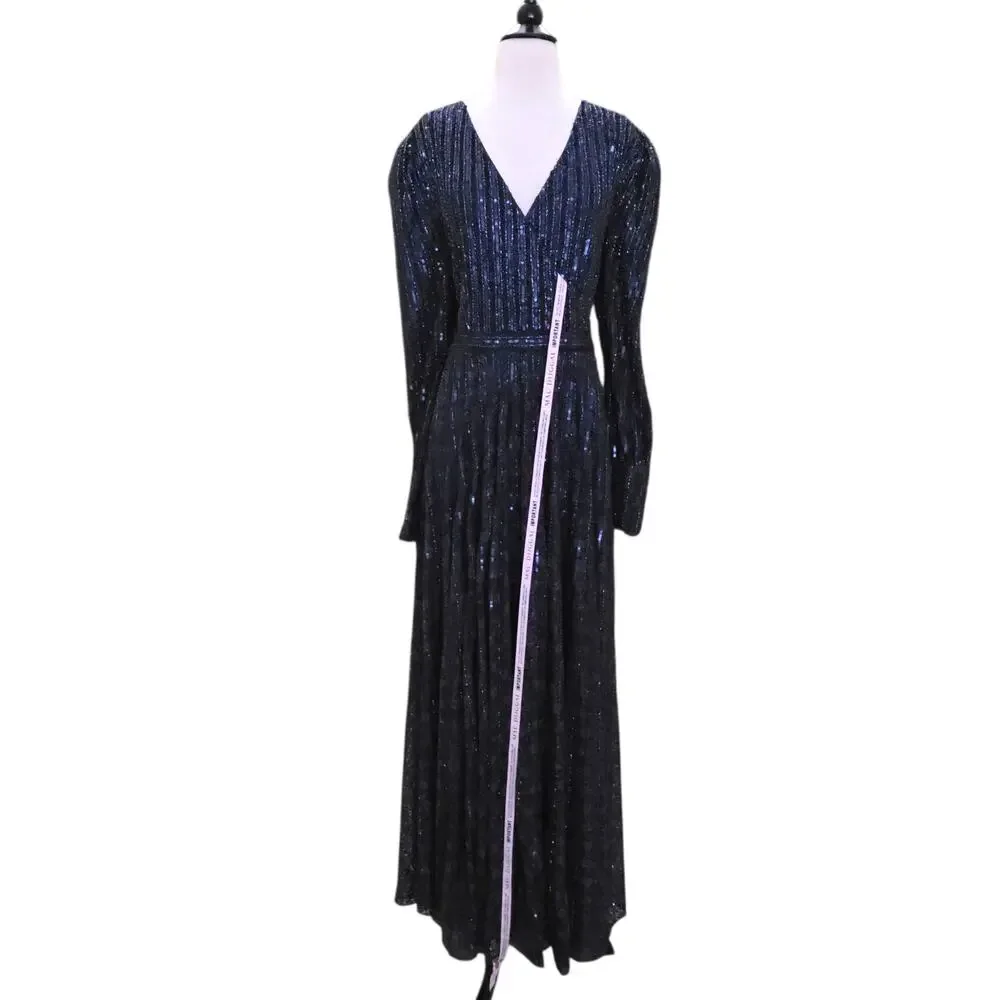 Mac Duggal 93679D Midnight Navy Blue Beaded Lace Long Sleeve Wrap Gown 18 Dress - Picture 2 of 12